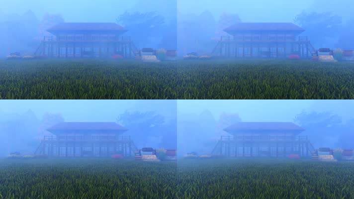 三维动画干栏式古代草房民居-雾天