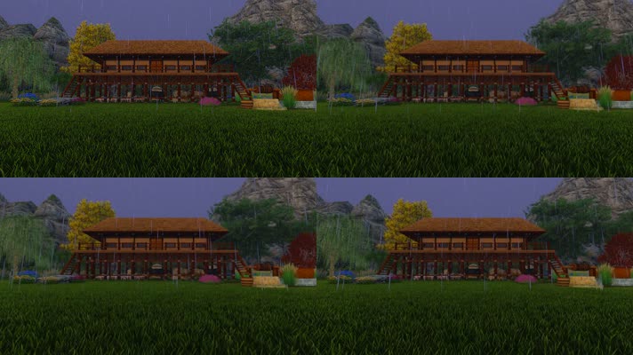 三维动画干栏式古代草房民居-雨景、