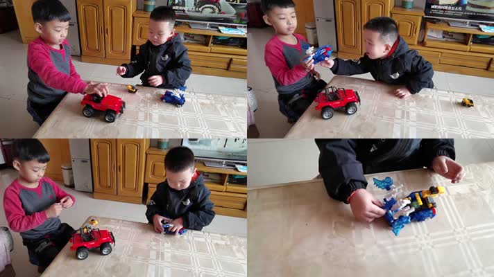 小男孩玩积木玩具车