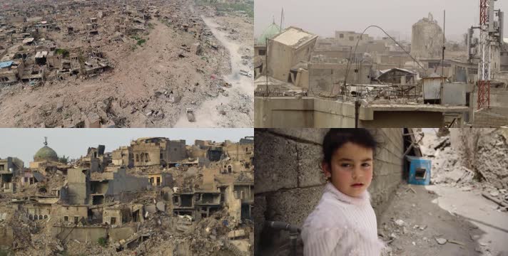 人道主义，反战人权，航拍战争废墟儿童