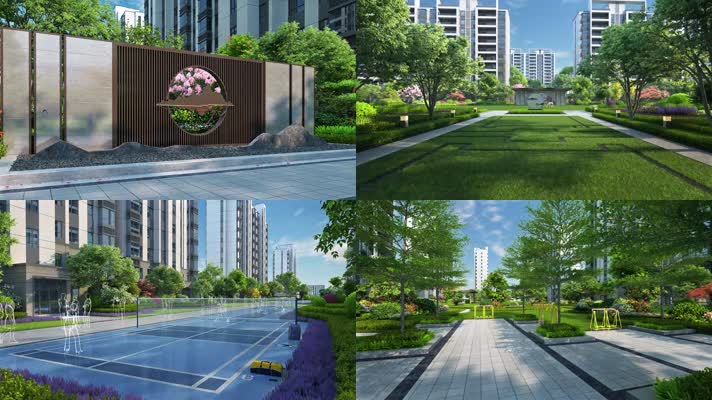 新中式小区江南园林景观建筑三维建筑动画