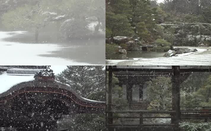 唯美雪景，庭院下雪，寺庙下雪