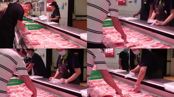 超市顾客挑选肉买肉4k