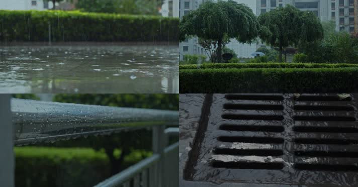 4K各种下雨空镜头合集、长镜头下雨