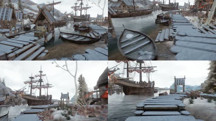 古代港口码头船只雪景-3D