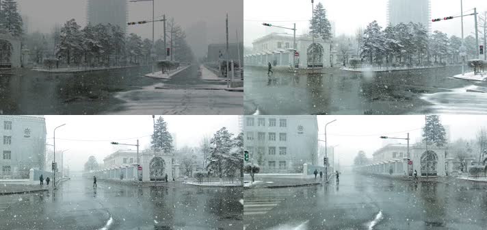 城市雪景，马路公路道路下雪飘雪雪花