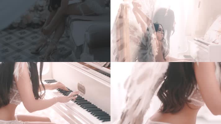 美女弹钢琴，鲜花美女，唯美意境