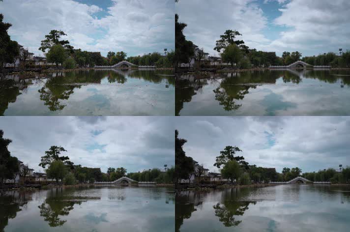 8k延时公园池塘视频大理喜洲小桥云层倒影