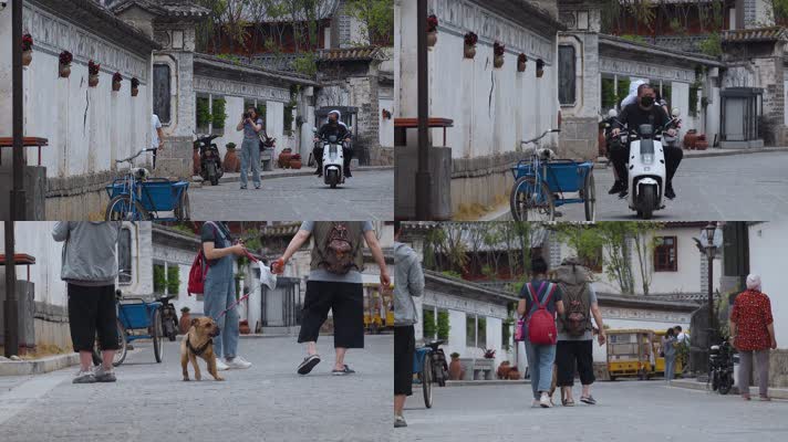 4k古镇视频云南大理喜洲古镇游客和狗
