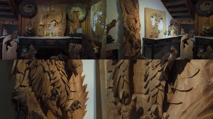 4k木雕视频木头雕刻工艺品飞鹰图案