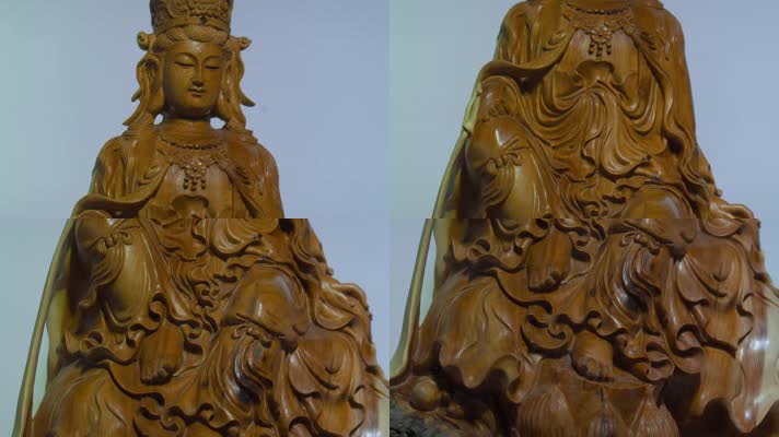 4k木雕视频木头雕刻工艺品观音菩萨图案