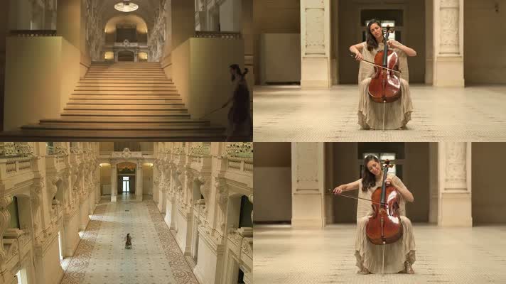 美女拉大提琴，激情投入，建筑空间