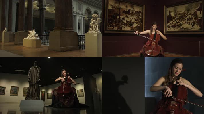 美女拉大提琴，激情投入，博物馆