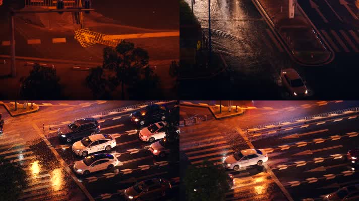 城市夜晚下雨路面积水汽车雨中行驶4k视频