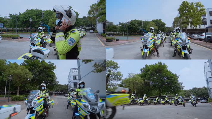 广东东莞巡逻骑警视频摩托车队警察准备出发