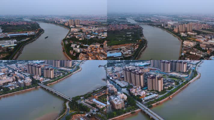4k广东东江珠江河水视频水面桥梁城镇全景