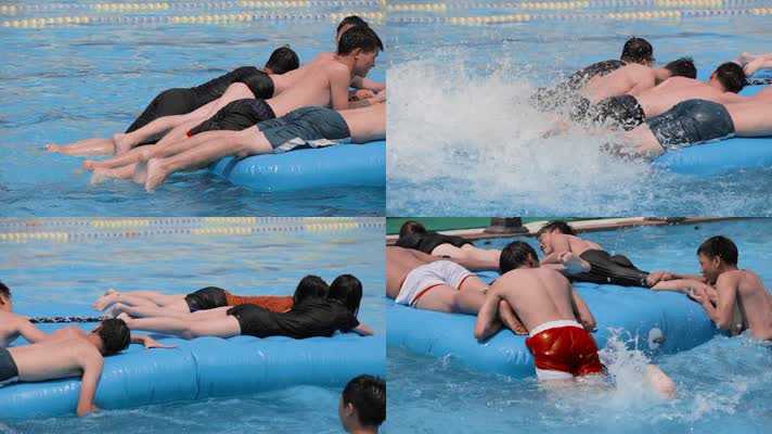 蓝色游泳池学生体育课水上娱乐蹬水划水比赛