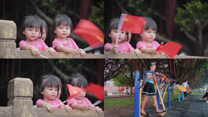 双胞胎小朋友摇国旗视频小女孩锻炼身体