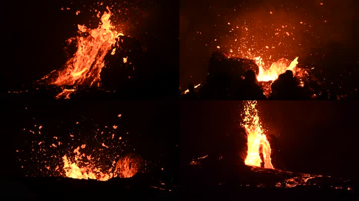 火山爆发，游客参观熔岩飞溅