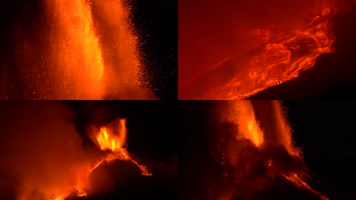 火山爆发，火山口沸腾熔岩飞溅