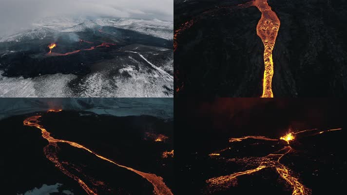 火山爆发，火山口沸腾熔岩飞溅岩浆流淌