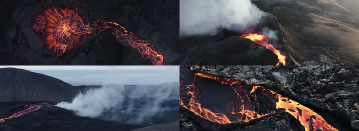 火山爆发，火山口沸腾熔岩飞溅岩浆流淌 