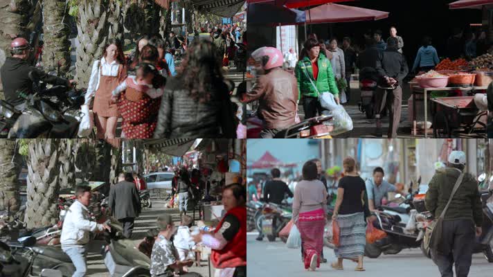 云南德宏中国缅甸边境商贸街边集市民众棕榈