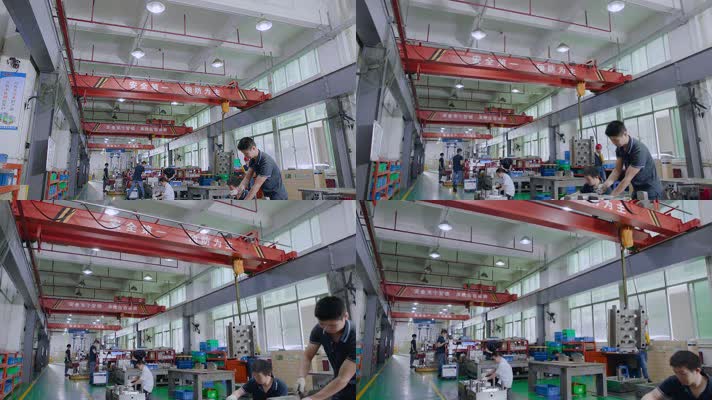 慢镜头模具工厂视频宽敞厂房天车行车工人