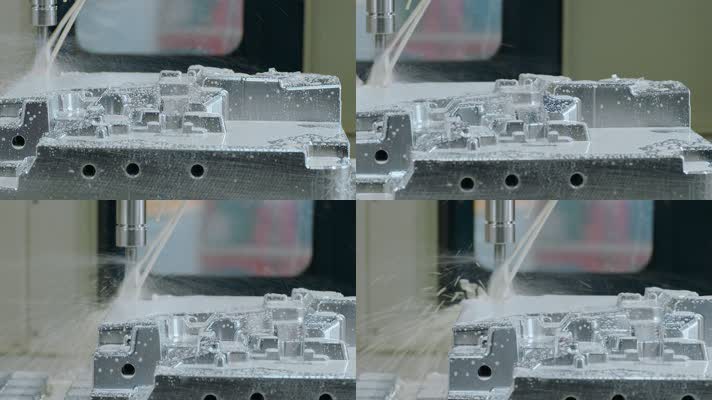 模具工厂视频CNC数控机床切割冷却液特写