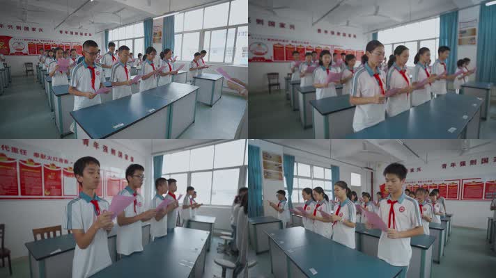 中学生视频课堂上戴红领巾朗读的学生