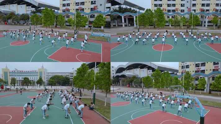 4k中学生视频体育课篮球场上学生练习篮球