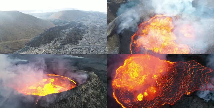 火山爆发，火山口沸腾熔岩飞溅岩浆流淌
