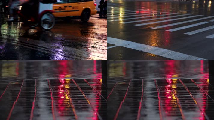 夜里雨中的交通、时代广场、城市街道
