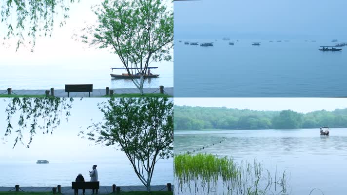 杭州西湖游客坐摇橹船游湖