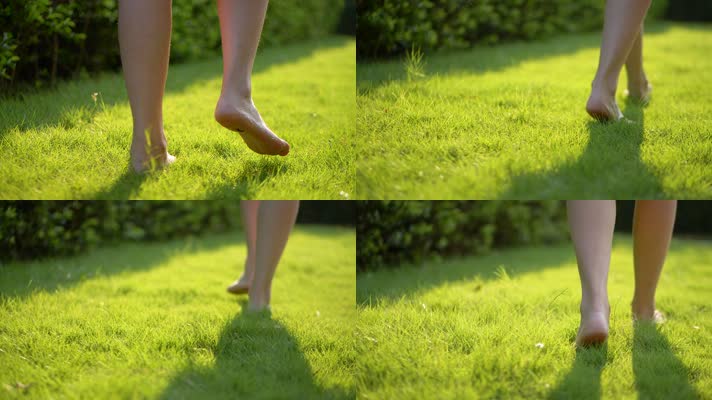 女孩赤脚在草地走路亲近大自然4k
