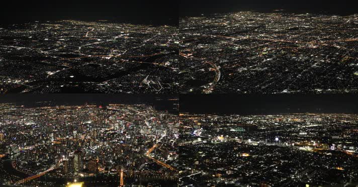 夜晚飞机，乘客视角，城市夜景