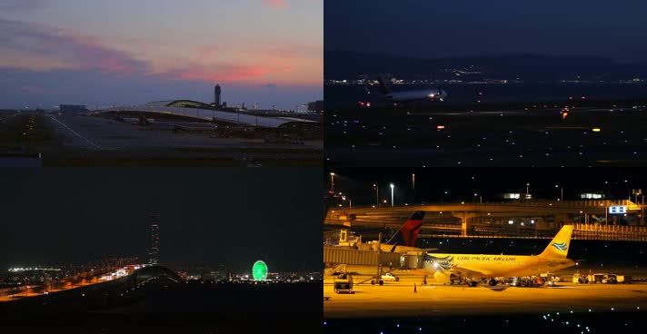 机场夜景，飞机夜间降落起飞