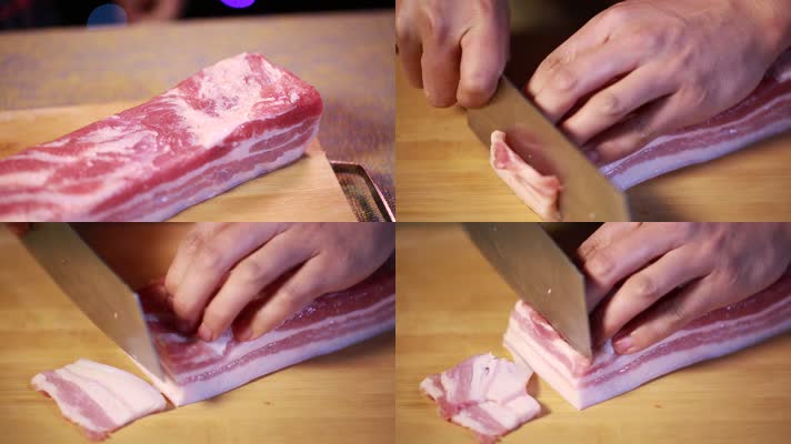 厨师用菜刀案板切五花肉 (4)