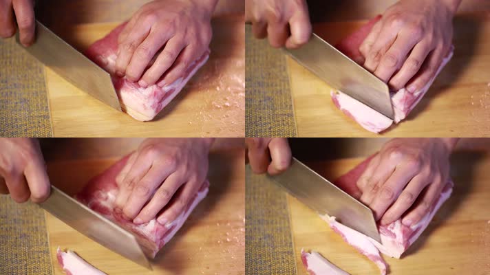 厨师用菜刀案板切五花肉 (7)