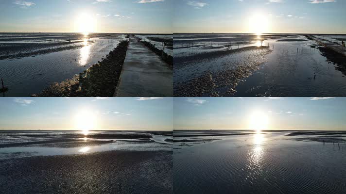 航拍海边湿地，沿海滩涂，黄昏夕阳