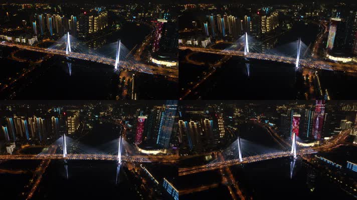 武汉夜景月湖桥航拍环绕