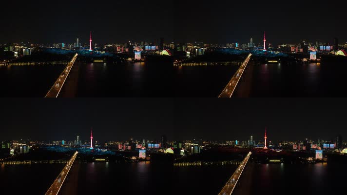 武汉夜景电视台长江大桥航拍