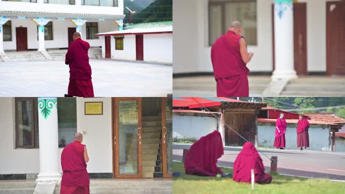藏传佛教寺庙升格僧人生活走动背影