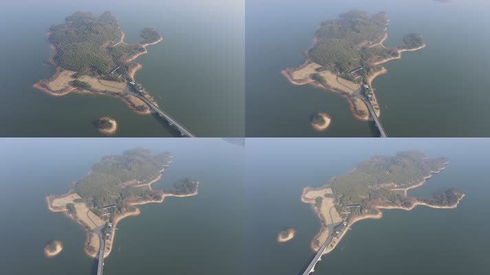 环绕航拍有大桥连接的四明湖小岛