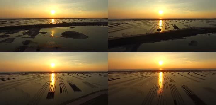 海上养殖场，养殖架，海边夕阳