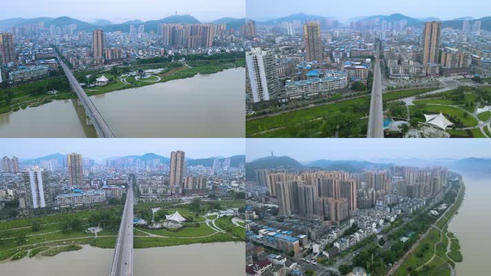4K涪江大桥延时航拍山水城市空镜车流河山