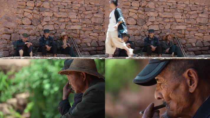 乡下老农视频农村石头墙下休闲抽烟的农民