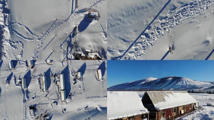 新疆喀纳斯禾木村木屋雪山