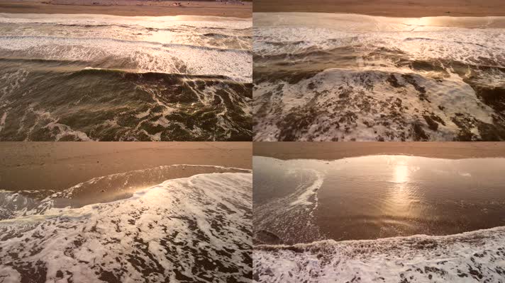 4K日落航拍海浪沙滩海岸浪花朵朵唯美海景