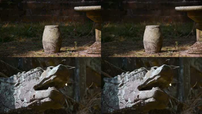 石头雕刻古建筑视频石凳石龙石蛙
